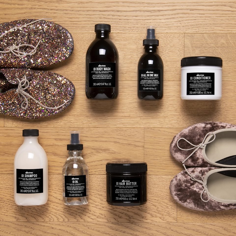 Línea completa Davines OI: shampoo, acondicionador, oil, hair butter y body wash